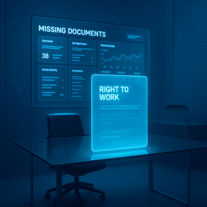 Futuristic Digital Workspace with Right to Work Document
